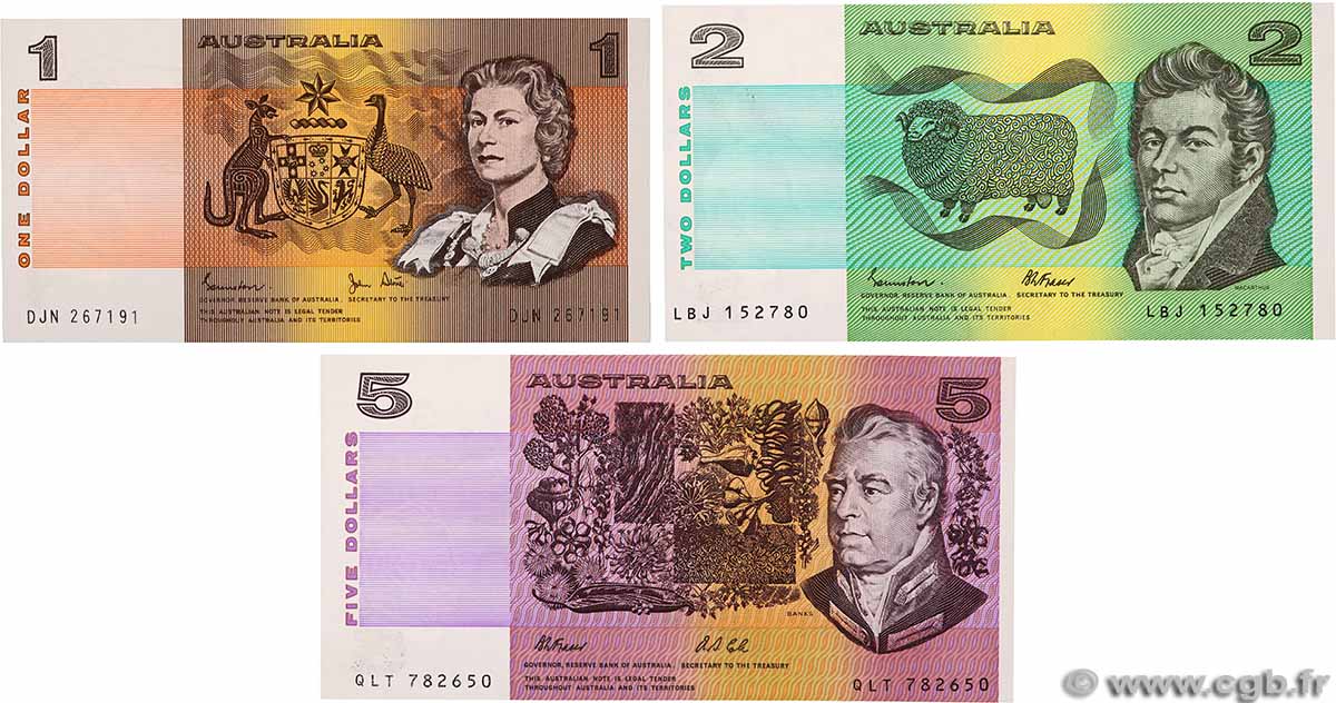 1, 2 et 5 Dollars Lot AUSTRALIA 1983 P.42d, P.43e et P.44g FDC