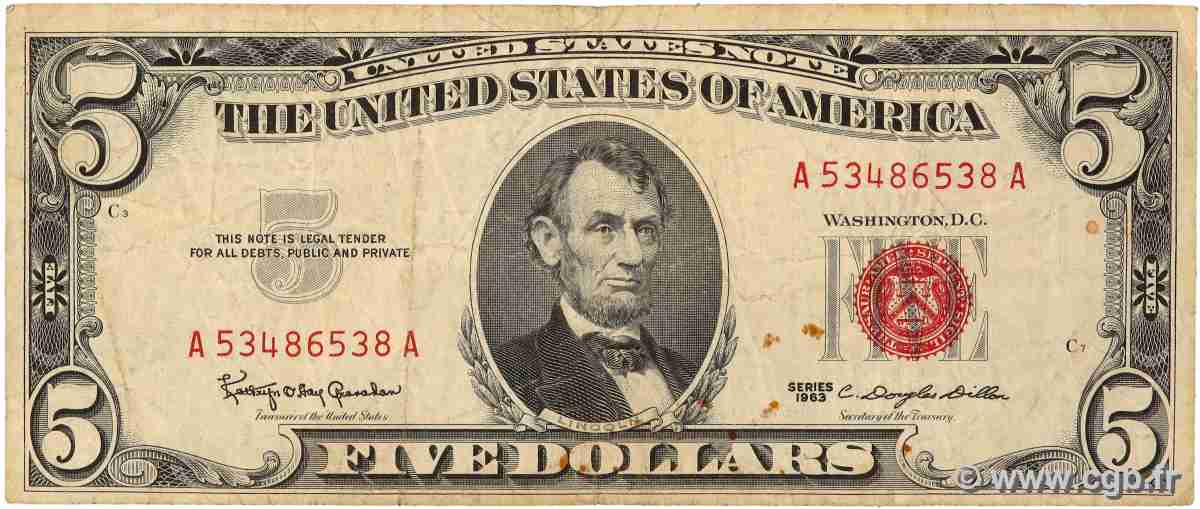5 Dollars UNITED STATES OF AMERICA 1963 P.383 F