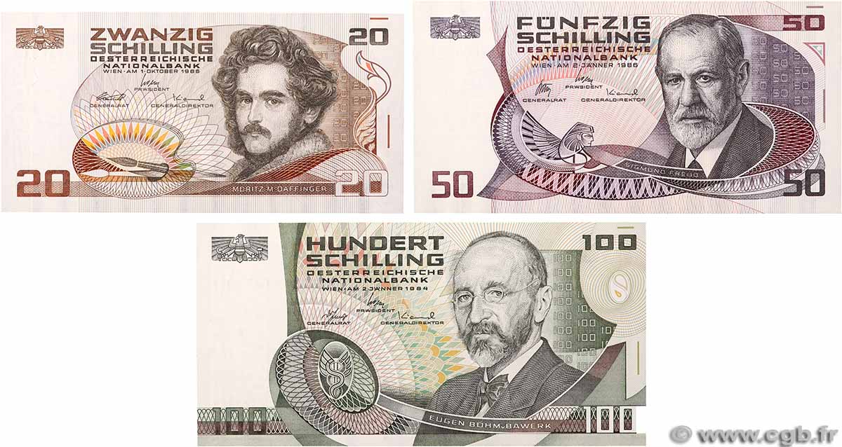 20, 50 et 100 Shilling Lot AUSTRIA 1984 P.148, P.149 et P.150 FDC