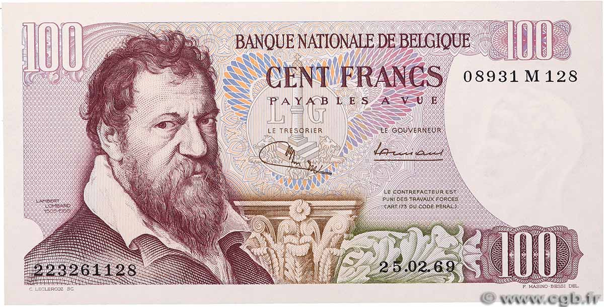 100 Francs BELGIO 1969 P.134a FDC