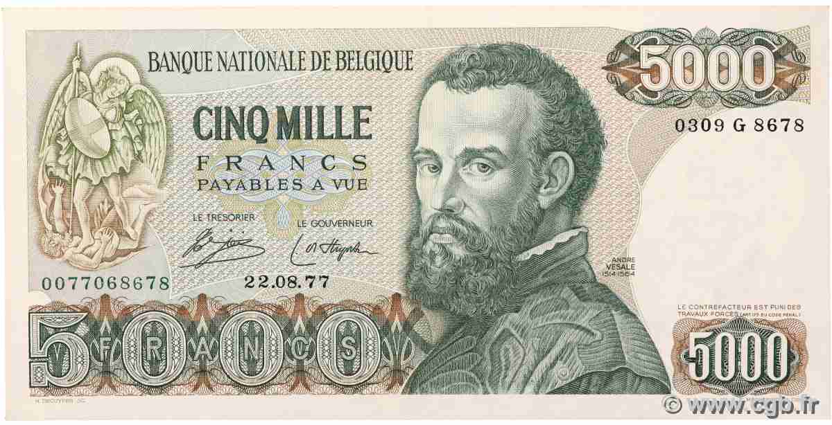 5000 Francs BELGIO 1977 P.137 AU