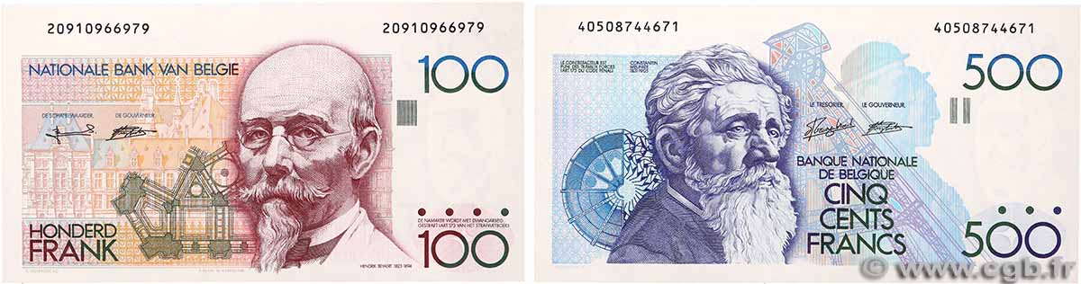 100 et 500 Francs Lot BELGIO 1982 P.142a et P.143a q.FDC