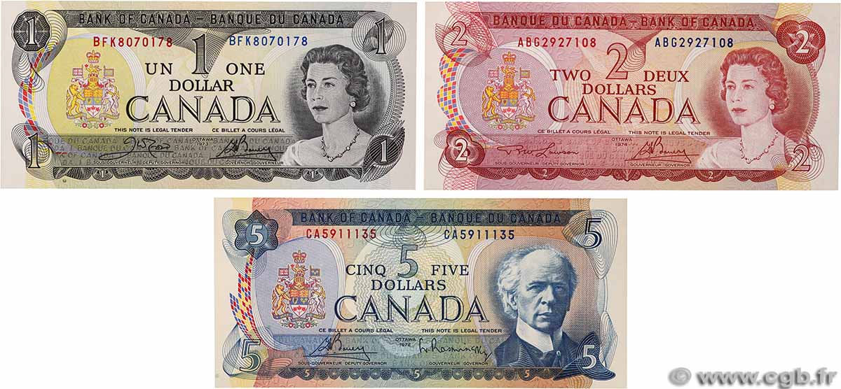 1, 2 et 5 Dollars Lot CANADA 1972 P.085c, P.086a et P.087a q.FDC