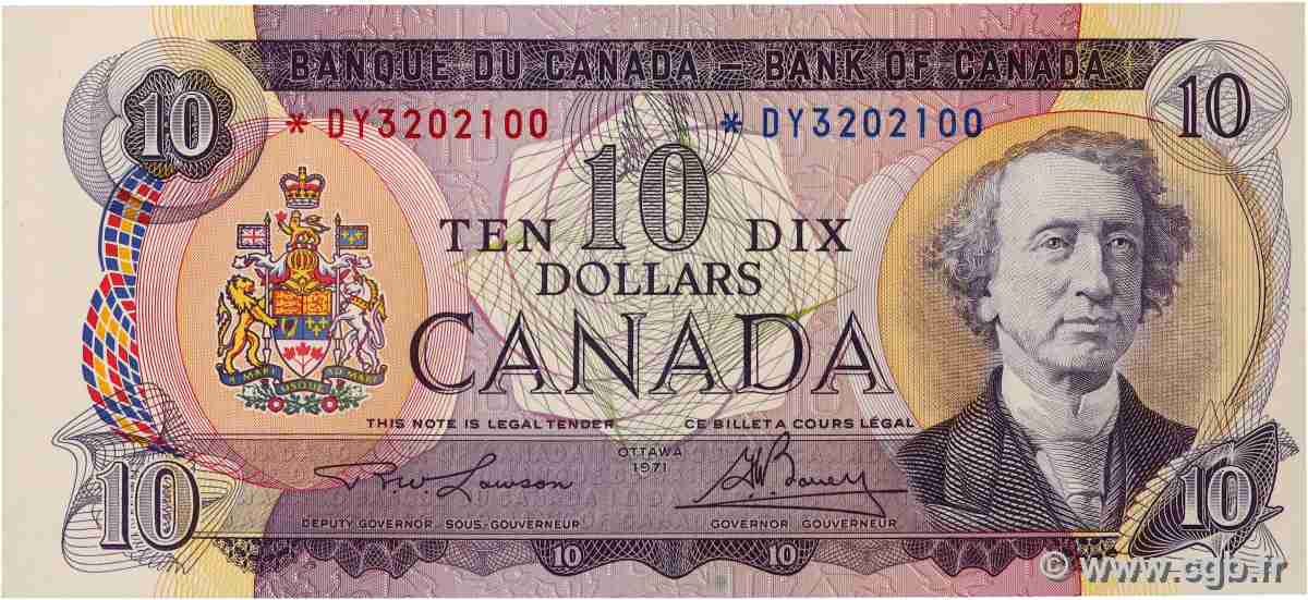 10 Dollars Remplacement CANADA 1971 P.088cr FDC