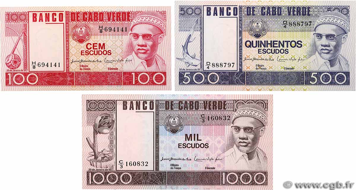 100, 500 et 1000 Escudos Lot CAPO VERDE 1977 P.54a, P.55a et P.56a FDC