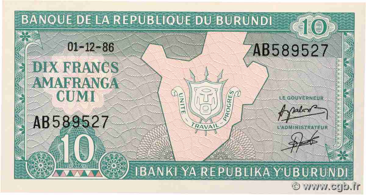 10 Francs BURUNDI 1986 P.33b UNC