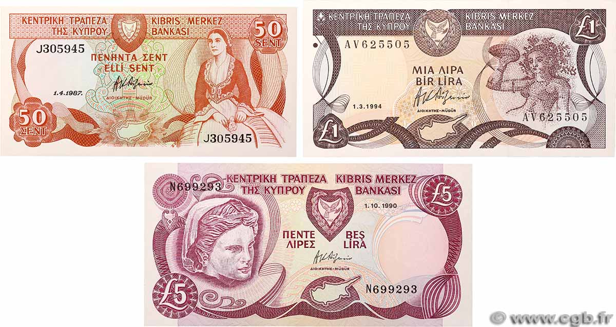 50 Cents, 1 et 5 Pounds Lot CYPRUS 1987 P.52, P.53c et P.54a UNC