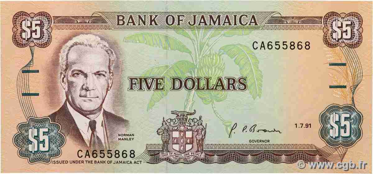 5 Dollars JAMAÏQUE 1991 P.70d NEUF
