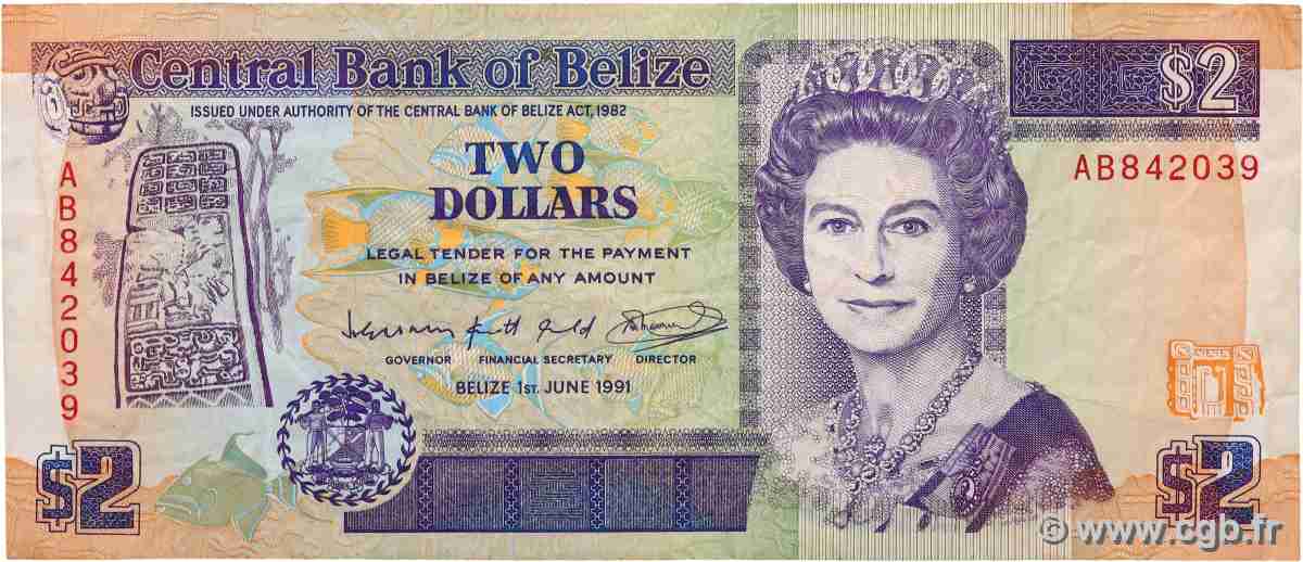 2 Dollars BELIZE 1991 P.52b F+