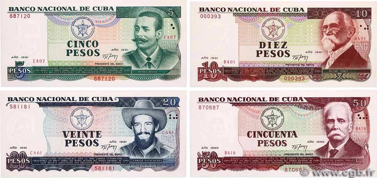 5, 10, 20 et 50 Pesos Lot CUBA 1990 P.108a au P.111a UNC