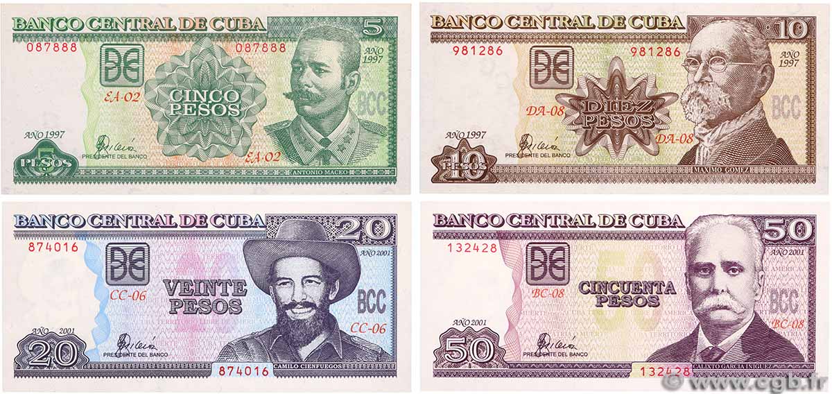 5, 10, 20 et 50 Pesos Lot CUBA 1997 P.116 au P.119 FDC