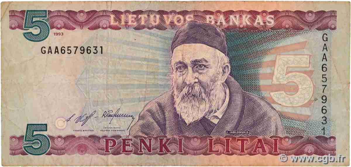 5 Litai LITUANIE 1993 P.55a B+