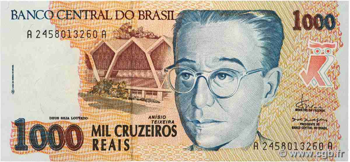 1000 Cruzeiros Reais BRAZIL 1993 P.240a UNC