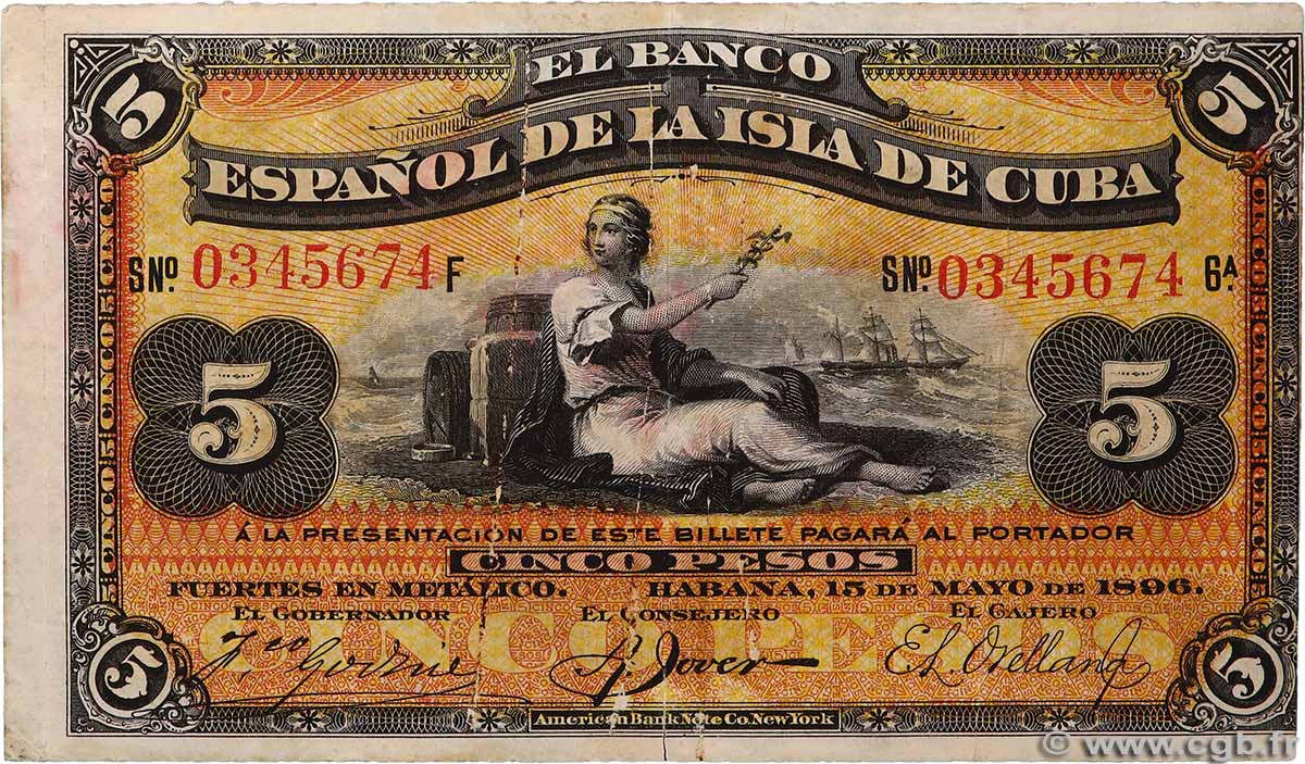 5 Pesos CUBA 1896 P.048b VF