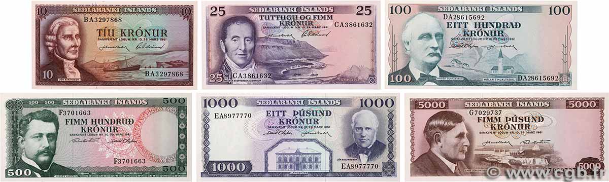 10 Kronur Lot ISLANDA 1961 P.42 au P.47 FDC