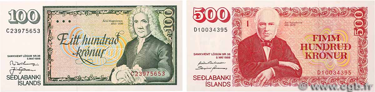 100 et 500 Kronur Lot ISLANDA 1986 P.54a et P.55a FDC