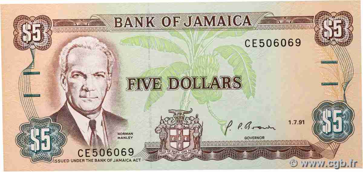5 Dollars JAMAICA 1991 P.70d UNC-