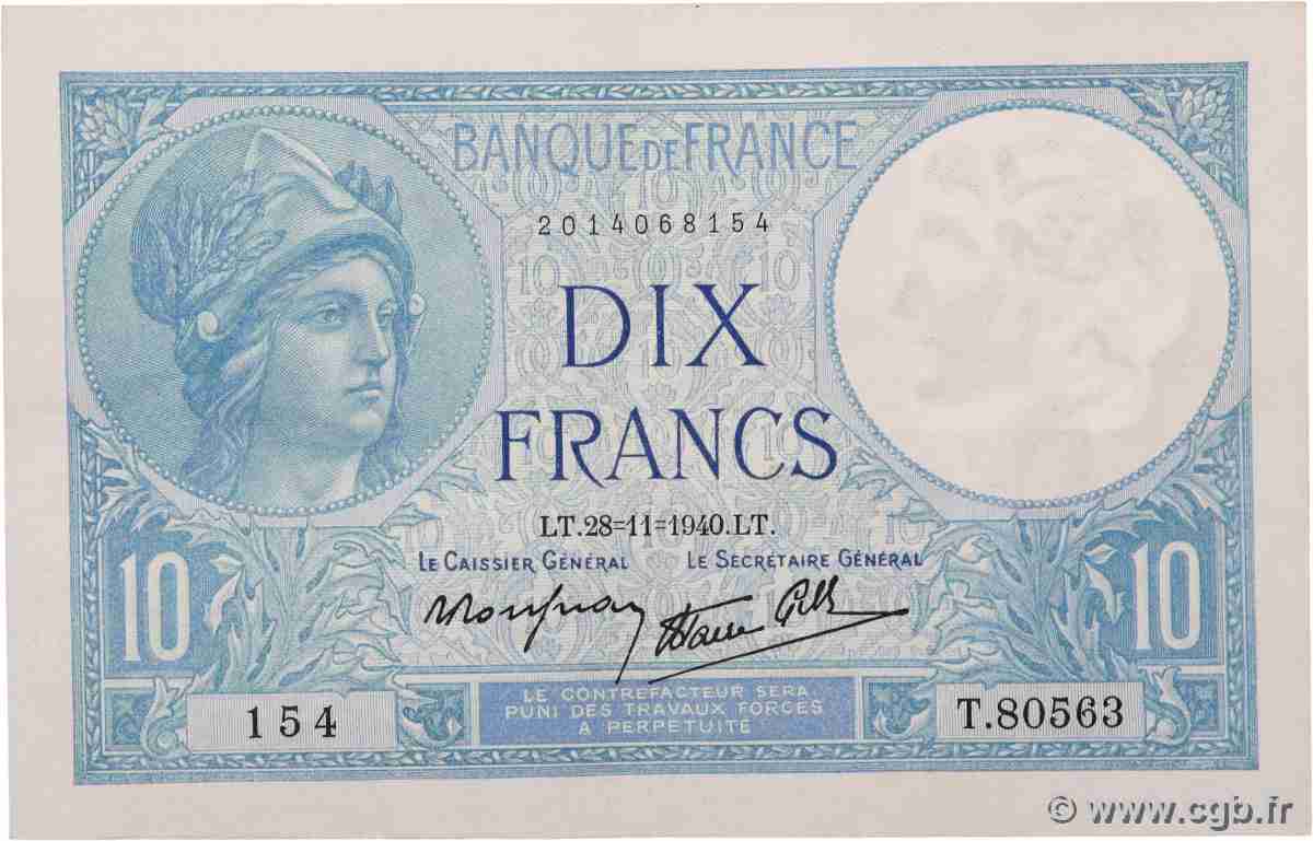10 Francs MINERVE modifié FRANCE 1940 F.07.22 TTB+