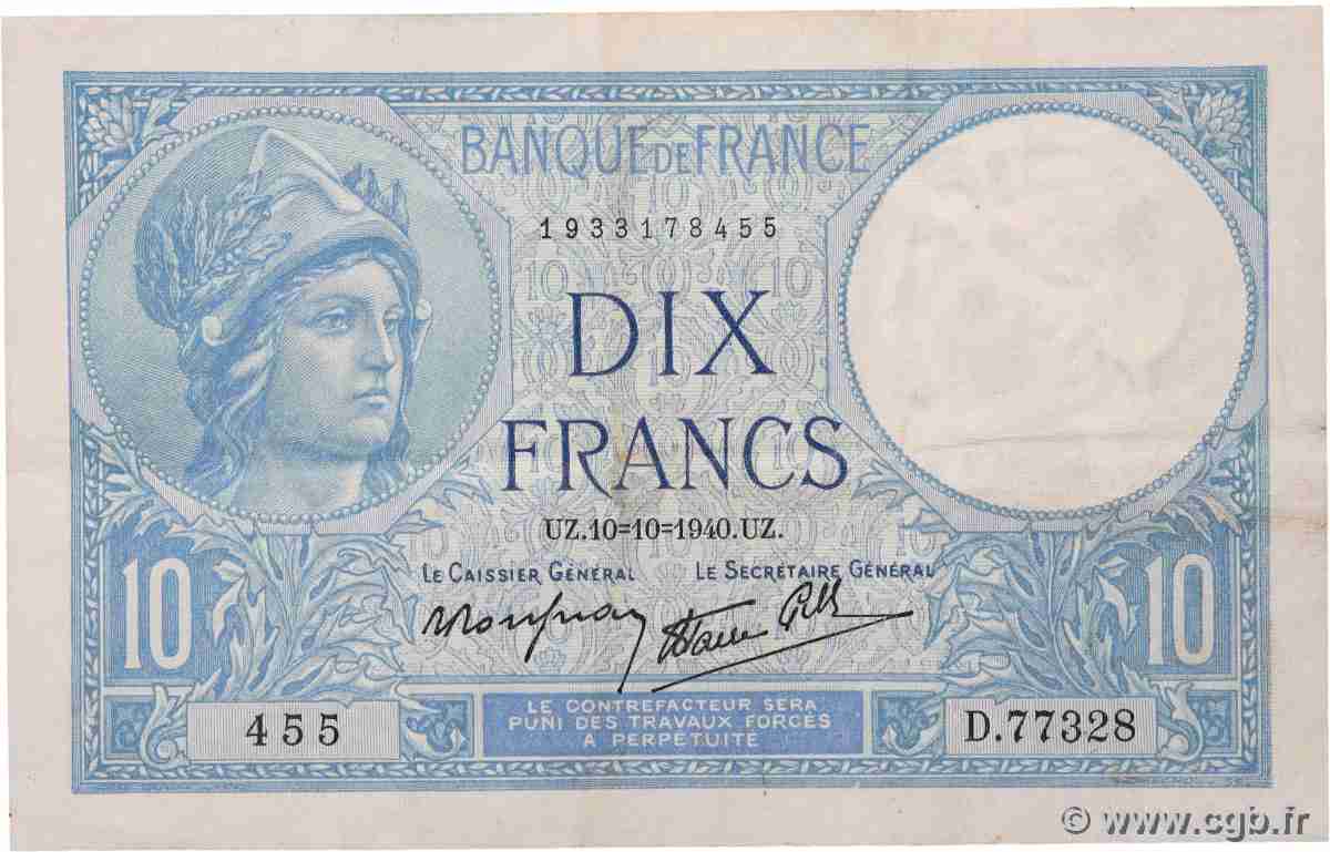 10 Francs MINERVE modifié FRANCE 1940 F.07.16 VF