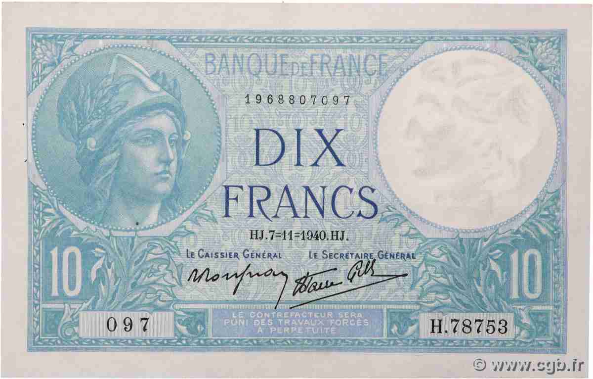 10 Francs MINERVE modifié FRANCE 1940 F.07.19 SUP
