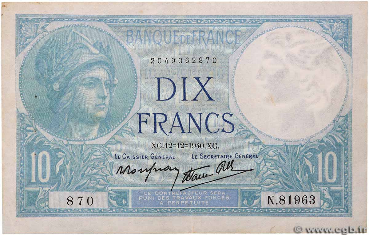 10 Francs MINERVE modifié FRANCE 1940 F.07.24 TTB
