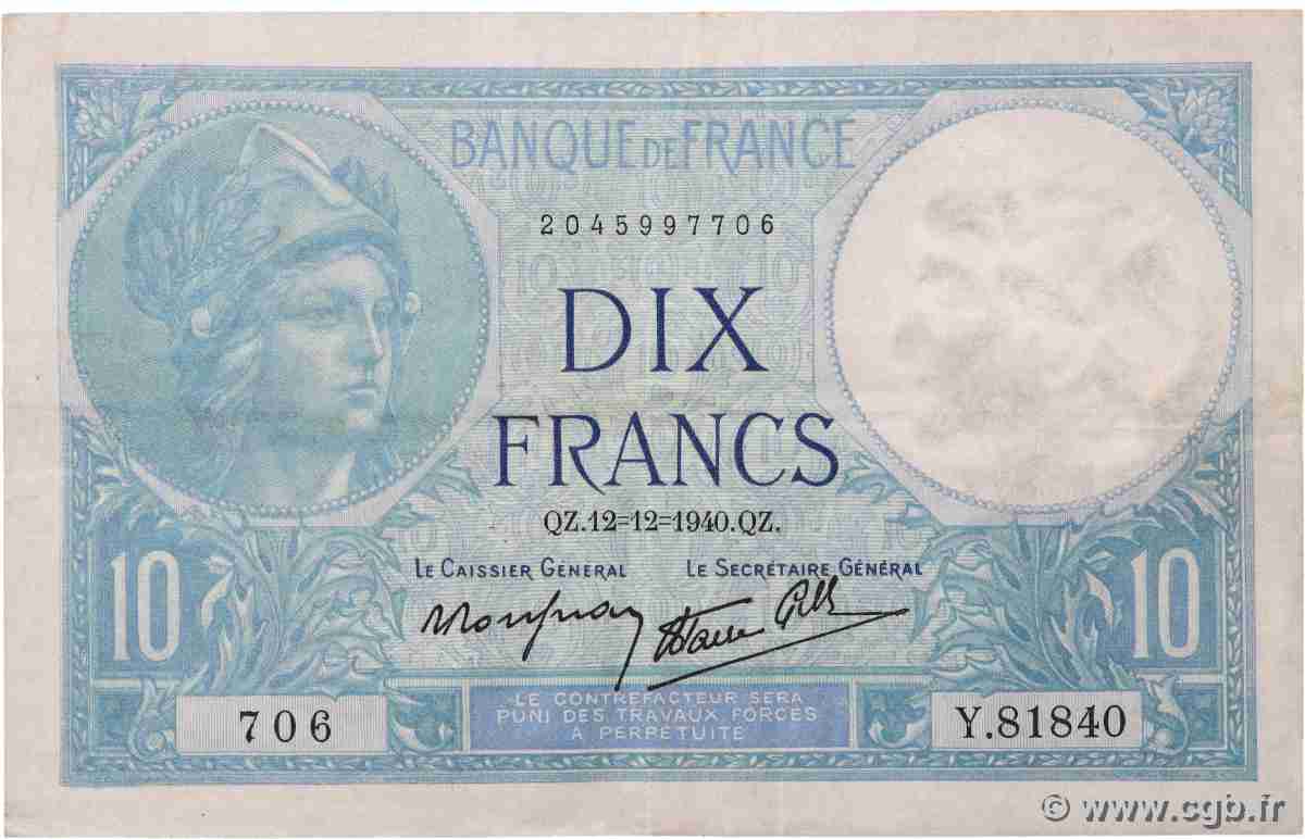 10 Francs MINERVE modifié FRANCE 1940 F.07.24 TTB