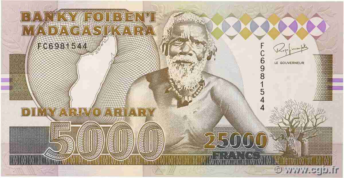 25000 Francs - 5000 Ariary MADAGASCAR 1993 P.074Aa UNC