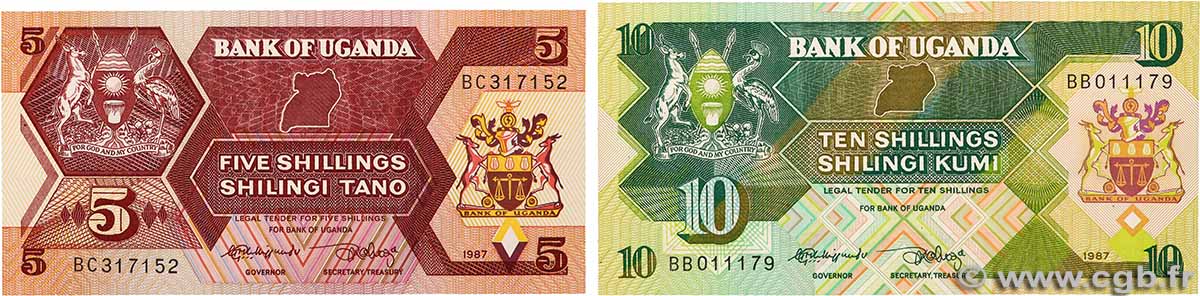 5 et 10 Shillings Lot UGANDA 1987 P.27 et P.28 UNC
