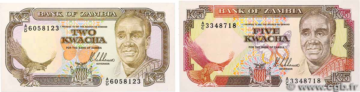 2 et 5 Kwacha Lot ZAMBIE 1989 P.29a et P.30a pr.NEUF