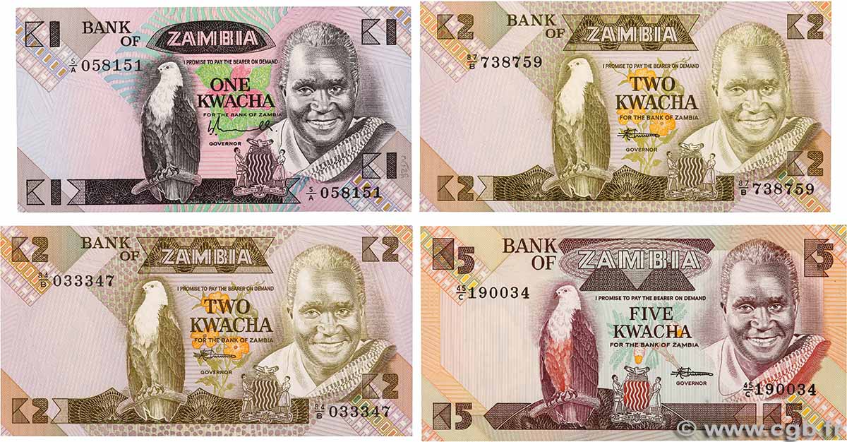 1 et 5 Kwacha Lot ZAMBIE 1980 P.23a, P.24c, P.25d pr.NEUF
