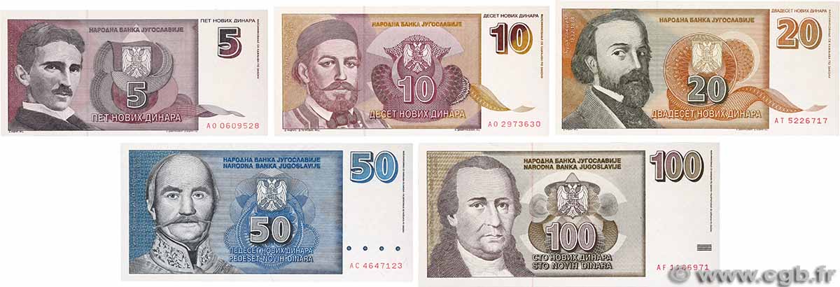 5 au 100 Novih Dinara Lot YUGOSLAVIA 1994 P.148 au P.152 UNC