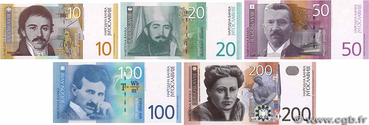 10 au 200 Dinara Lot YUGOSLAVIA 2000 P.153 au P.157 UNC