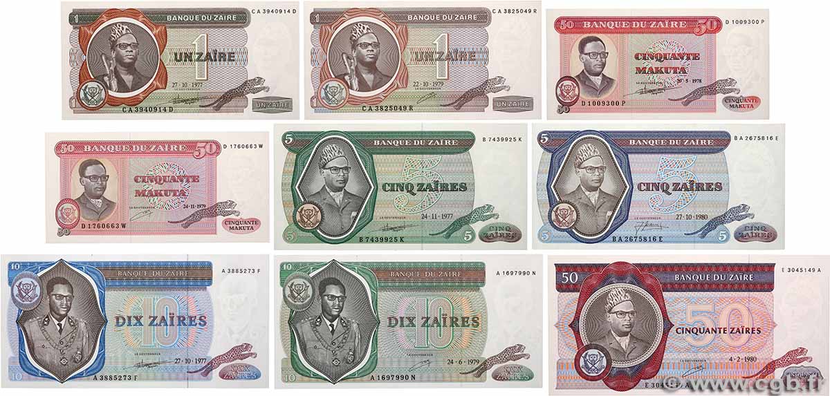 50 Makuta au 50 Zaires Lot ZAIRE 1977 P.16 au P.25 UNC-