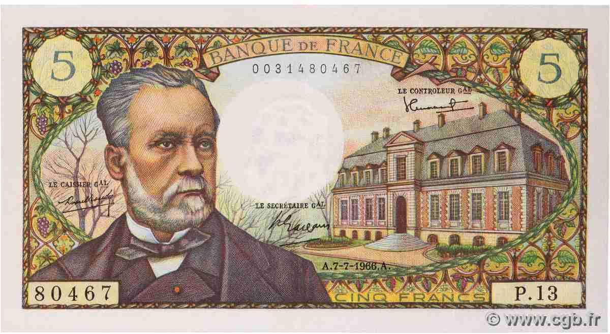 5 Francs PASTEUR FRANCE 1966 F.61.02 VF+