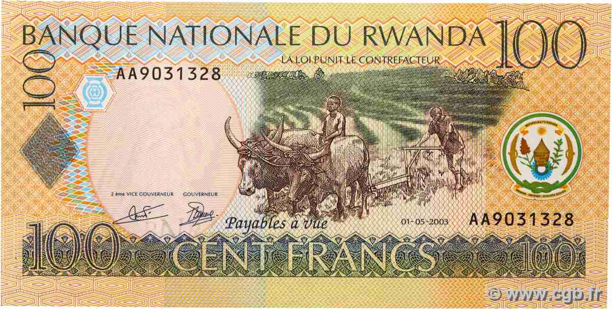 100 Francs RWANDA 2003 P.29a UNC-