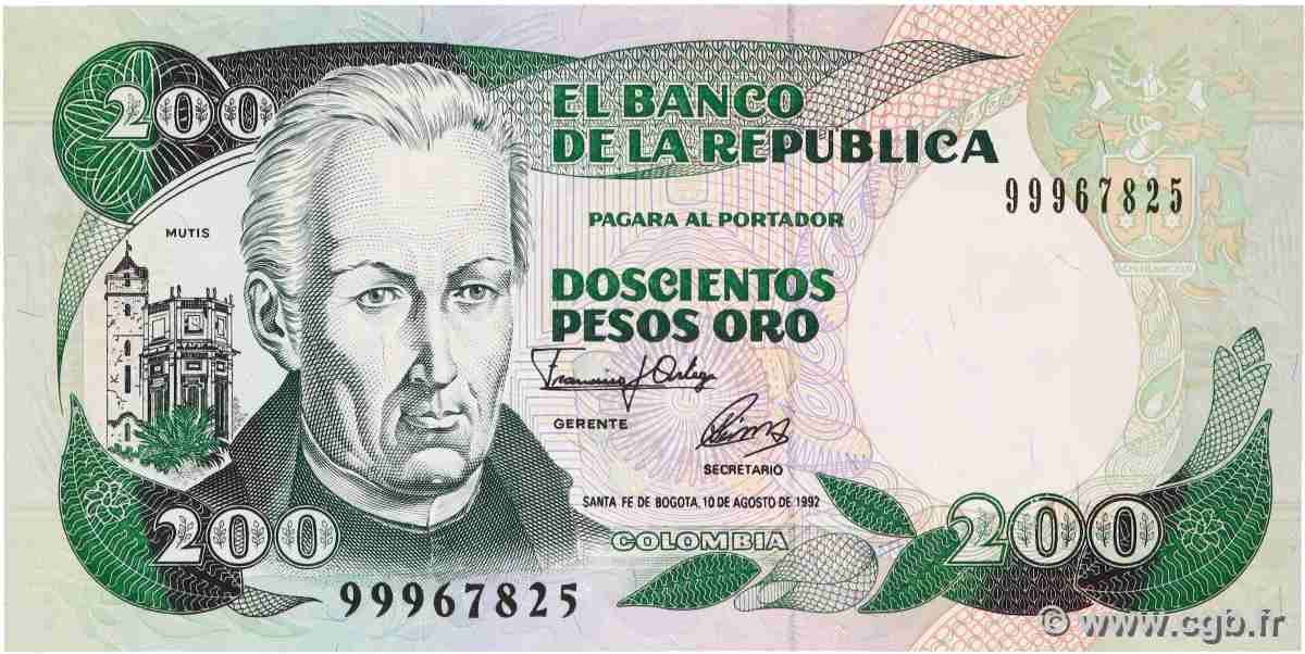 200 Pesos Oro COLOMBIA 1992 P.429A UNC-
