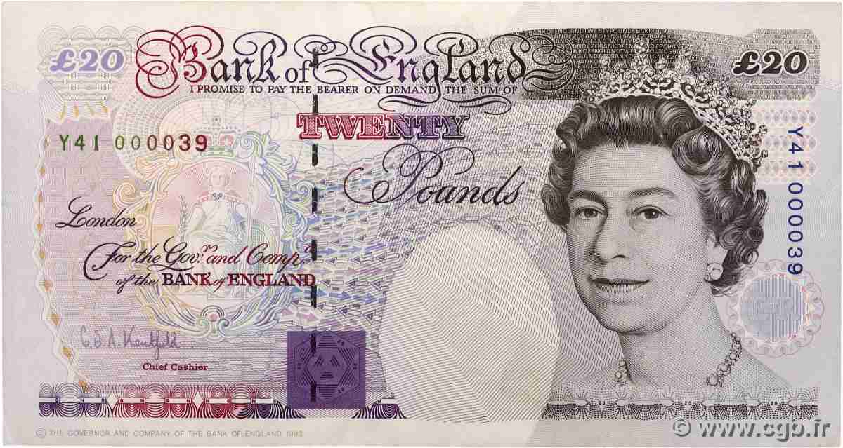 20 Pounds Petit numéro ANGLETERRE 1993 P.387a TTB