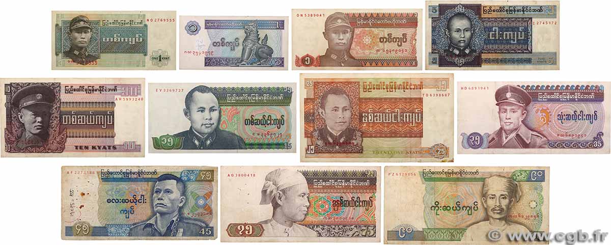 1 à 90 Kyats Lot BIRMANIE 1972 P.59, P.57, P.58, P.59, P.62, P.63, P.64, P.65, P.66, P.67 et P.69 TTB à SUP