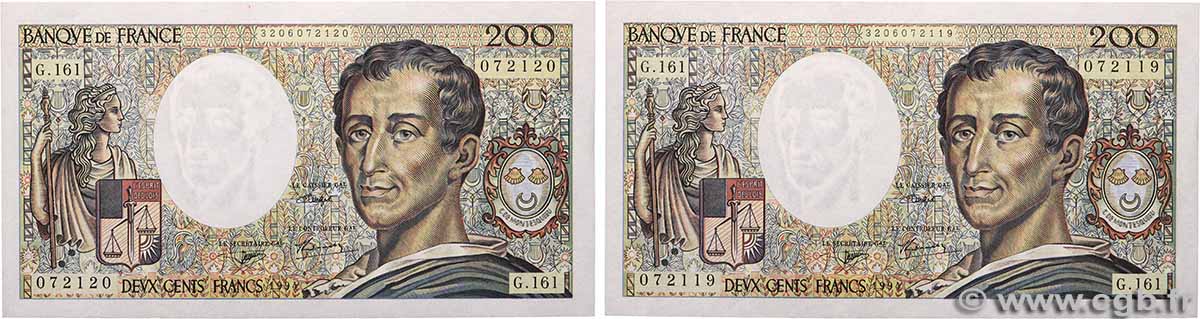 200 Francs MONTESQUIEU Modifié Consécutifs FRANCE 1994 F.70/2.01 SUP