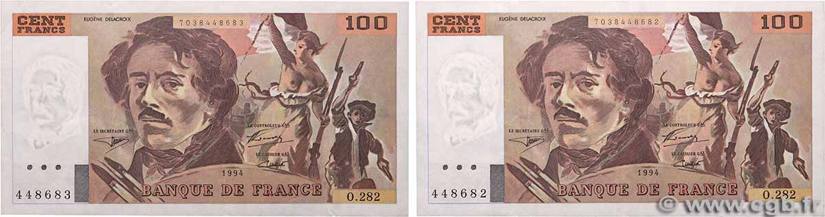 100 Francs DELACROIX 442-1 & 442-2 Consécutifs FRANCE 1994 F.69ter.01c TTB