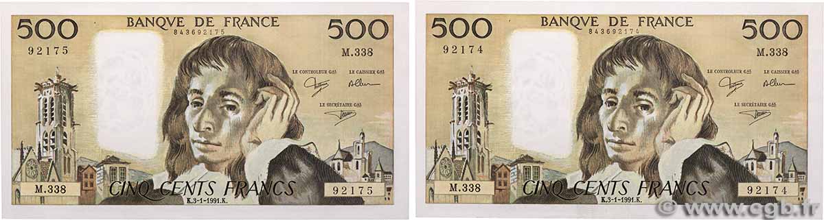 500 Francs PASCAL Consécutifs FRANCE 1991 F.71.46 pr.SPL