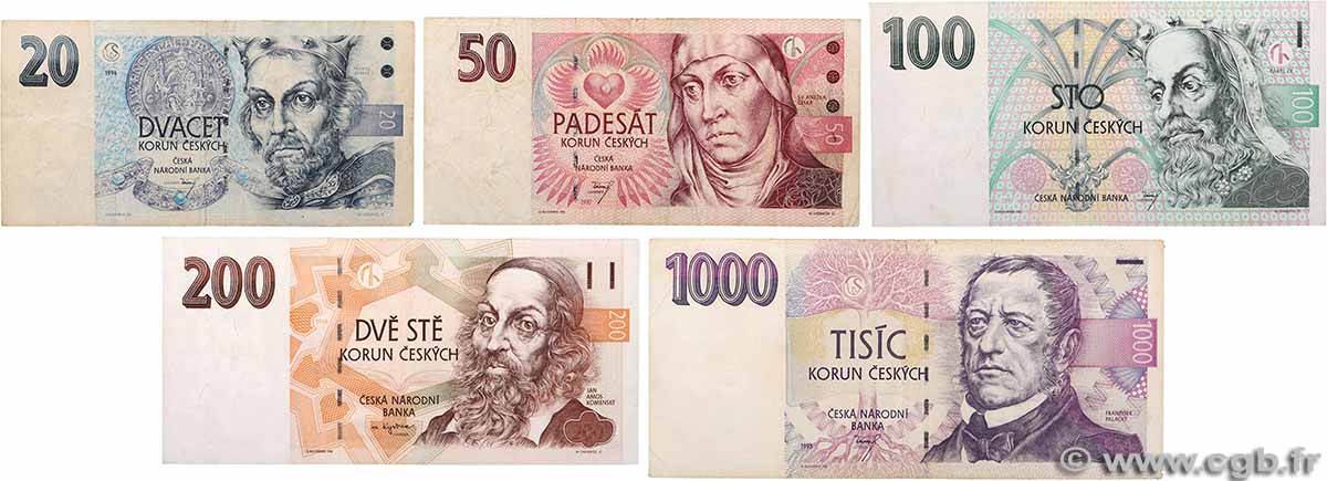 20, 50, 100, 200 et 100 Korun Lot RÉPUBLIQUE TCHÈQUE 1998 P.08a, P.10a, P.17a, P.18a et P.19a TB à TTB