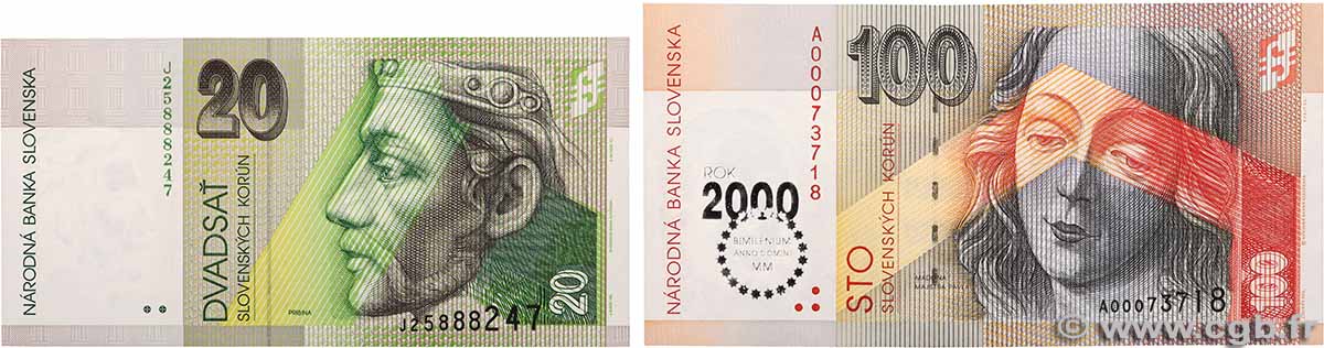 20 Korun et 100 Korun Lot SLOVAQUIE 1999 P.20d et P.36 NEUF