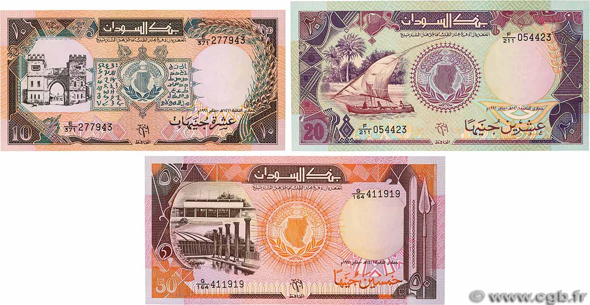 10, 20 et 50 Pounds Lot SUDAN 1991 P.46 à P.48 UNC