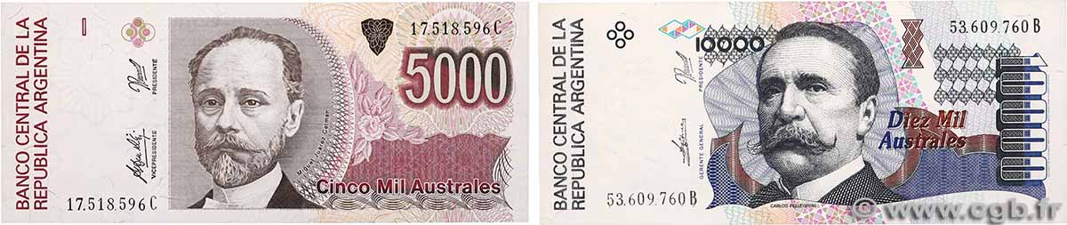 5000 et 10000 Australes Lot ARGENTINE 1989 P.330e et P.334a SPL+