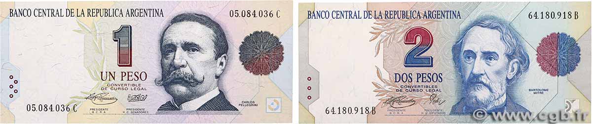 1 et 2 Peso Lot ARGENTINE 1993 P.339b et P.340b pr.NEUF