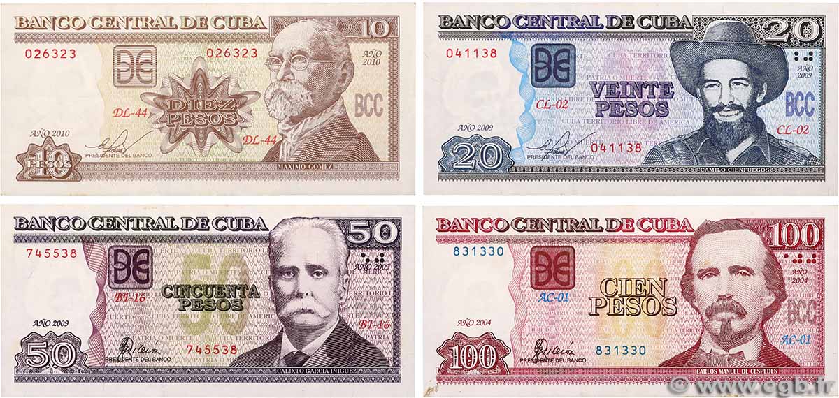 10, 20, 50 et 100 Pesos Lot CUBA 2010 P.117l, P.122f, P.127a et P.129a TTB à SUP