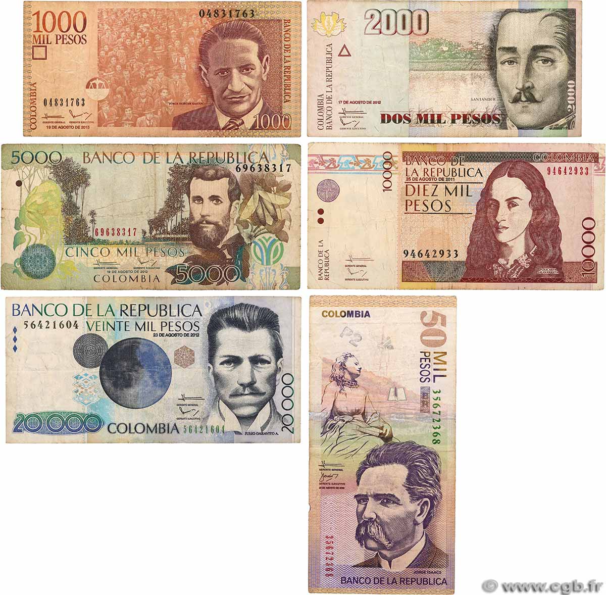 1000 à 50000 Pesos Lot COLOMBIE 2009 P.452n, P.453,P.454x. P.455m, P.456t et P.457t TB
