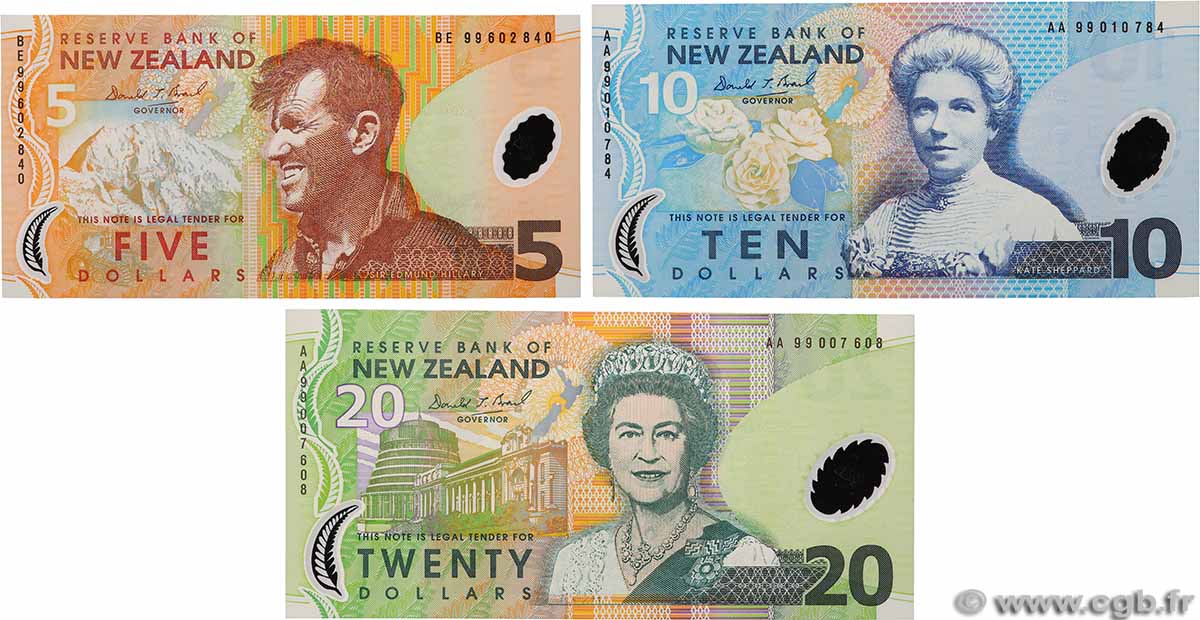 5 , 10 et 20 Dollars Lot NOUVELLE-ZÉLANDE 1999 P.185a, P.186a et P.187a NEUF