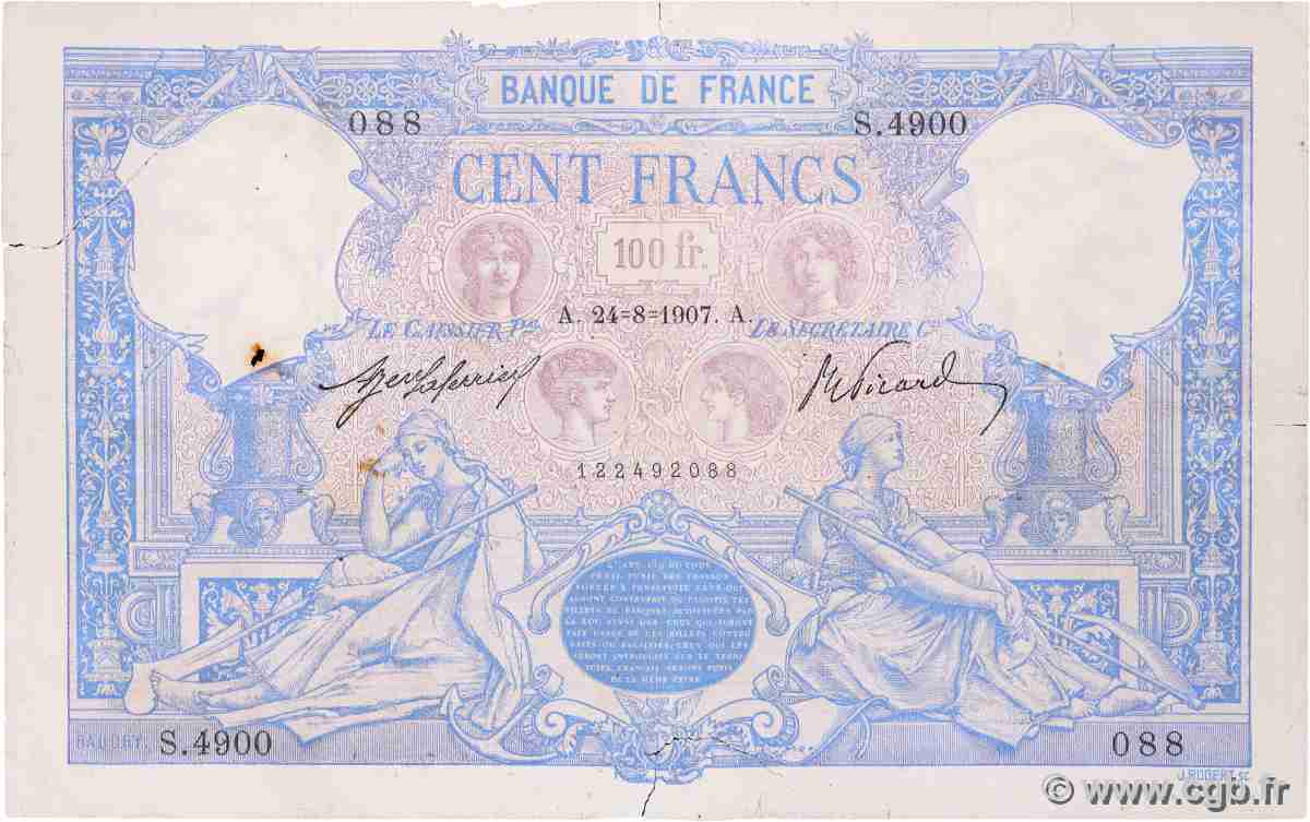 100 Francs BLEU ET ROSE FRANCIA 1907 F.21.22 q.B